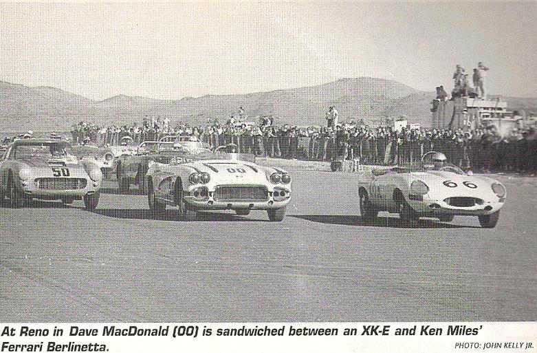 Dave MacDonald ahead of Frank Morril's Jag XKE and Ken Miles at Reno 1962