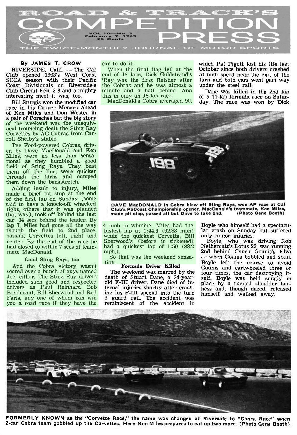 Dave MacDonald races the Carroll Shelby Cobra 260ci to its first ever win at Riverside International Raceway