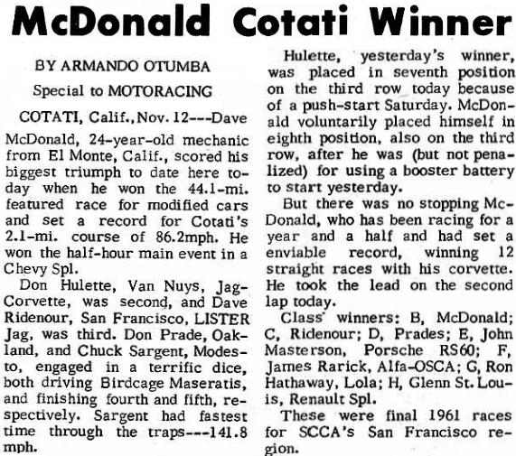 Dave MacDonald debuts the new Corvette Special at Cotati Raceway and wins going away